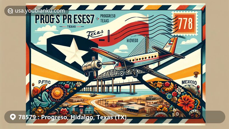 Modern illustration of Progreso, Texas, ZIP Code 78579, featuring aviation-themed envelope with Progreso International Bridge and elements of Mexican culture and Texas heritage.