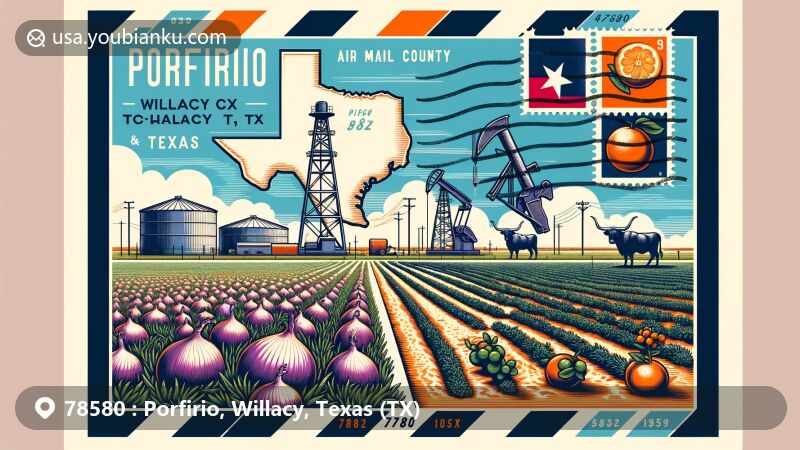 Modern illustration of Porfirio, Texas, showcasing agricultural and postal theme with ZIP code 78580, featuring onion fields, oil wells, Texas longhorn cattle, and citrus trees.
