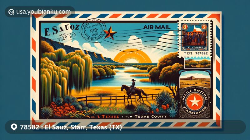 Modern illustration of El Sauz, Starr County, Texas, featuring natural landscapes, El Tecomate Ranch, iconic weeping willows, and postal elements like stamps and postmarks.