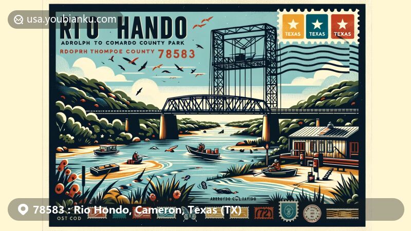 Modern illustration of Arroyo Colorado Lift Bridge in Rio Hondo, Cameron County, Texas, showcasing postal theme with ZIP code 78583, featuring Adolph Thomae Jr County Park and Texas state symbols.