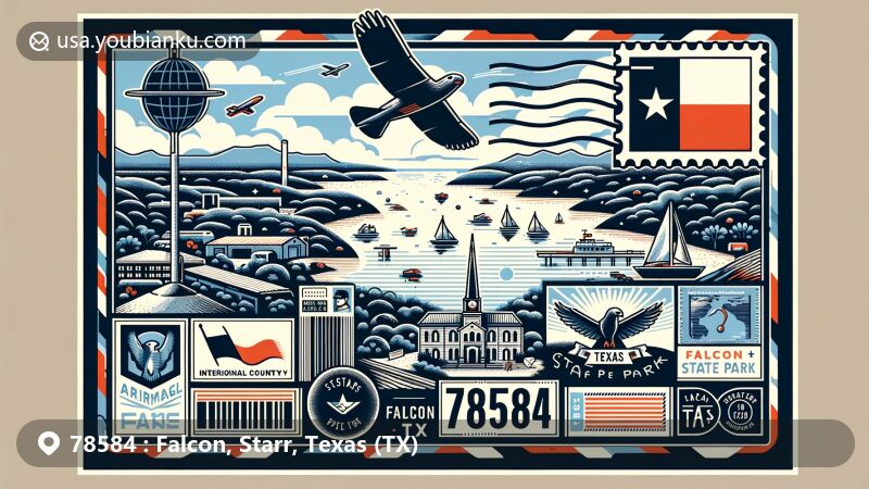 Modern illustration of Falcon State Park, Falcon, TX 78584, highlighting natural beauty and postal theme with Texas state flag and Starr County outline.