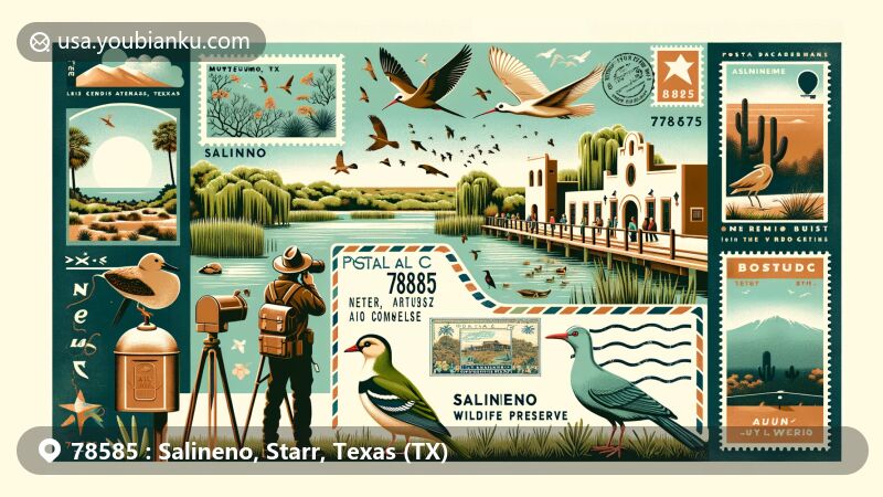 Modern illustration of Salineno, Texas, highlighting the Salineño Wildlife Preserve and bird watching, with unique bird species like Audubon's Oriole, Green Jay, and Muscovy Duck, against a backdrop of adobe-style buildings and a desert landscape.