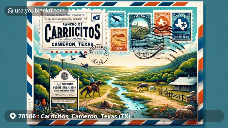 Modern illustration of Carricitos, Cameron, Texas, combining historical and natural elements with postal themes, featuring historical marker of Rancho de Carricitos and Las Palomas Wildlife Management Area - Carricitos Unit.