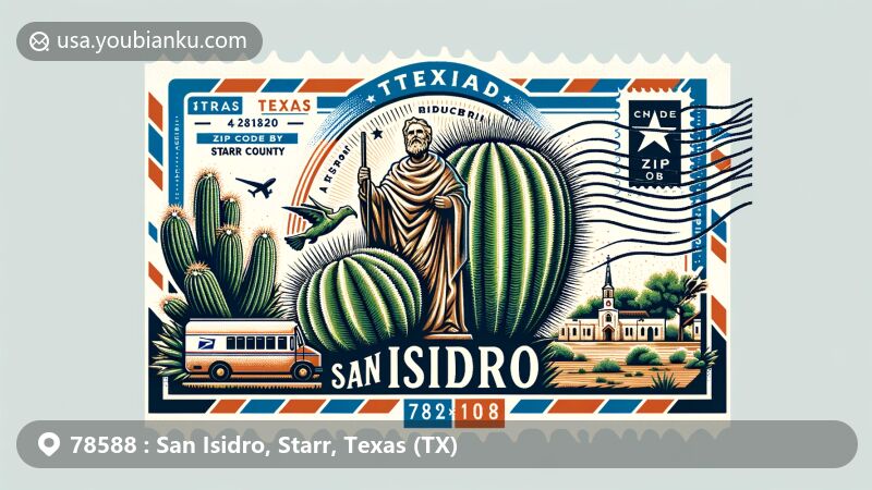 Modern illustration of San Isidro, Starr County, Texas, featuring airmail envelope, Southwestern barrel cactus, and statue of St. Isidore, representing town's agricultural heritage and rural character.