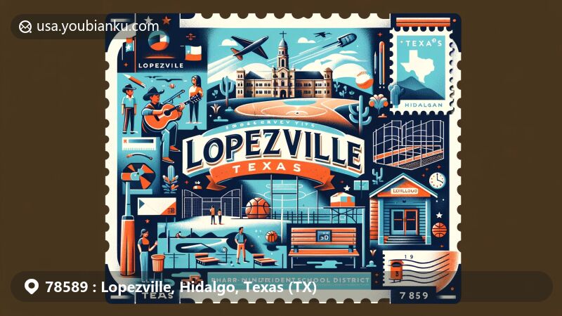 Modern illustration of Lopezville, Hidalgo County, Texas, showcasing diverse community life and cultural blend, featuring local natural landscapes, educational facilities, and leisure amenities, intertwined with iconic Texas landmarks like Alamo and Apollo Mission Control Center, highlighting rich historical contributions.