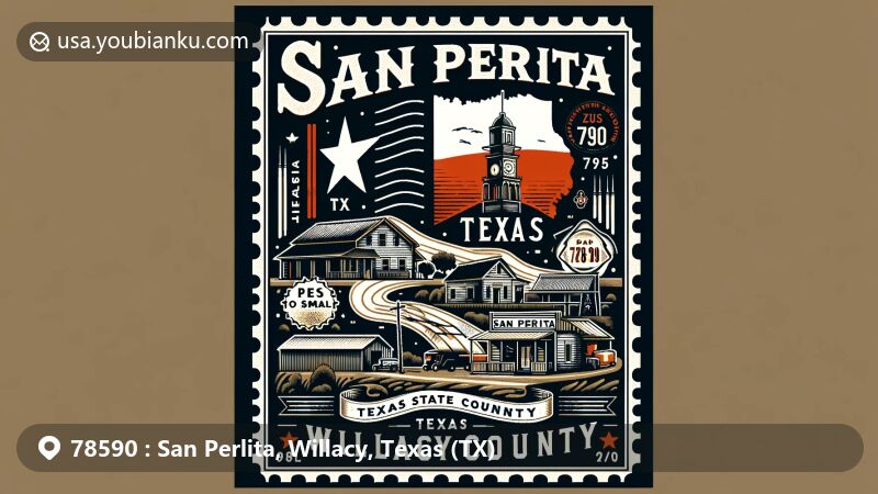 Illustration of San Perlita, Willacy, Texas (TX), with ZIP code 78590, showcasing regional and postal features in a modern artistic style. Includes Texas state flag, Willacy County outline, and symbolic elements of San Perlita.