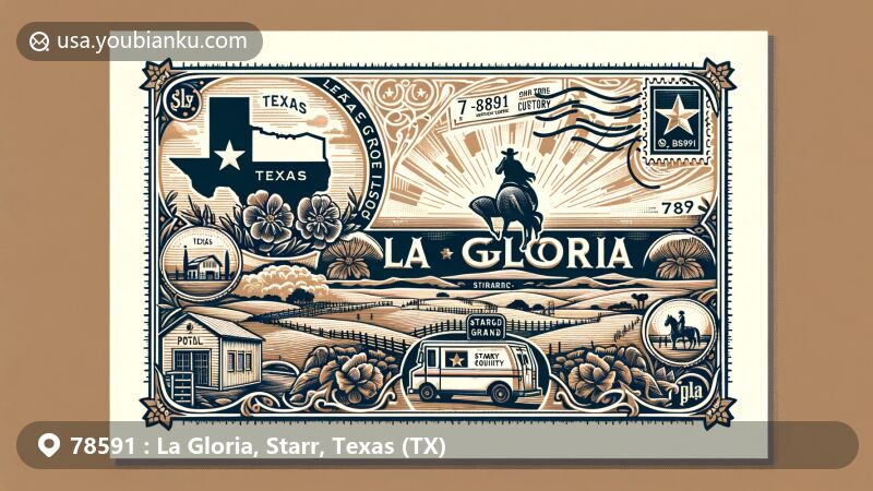 Modern illustration of La Gloria, Texas, showcasing postal theme with postal code 78591, featuring Texas state symbol, Starr County outline, and ranching history. Postcard design with 'La Gloria, Texas, 78591' text, postage stamp effect, 'La Gloria, TX' postmark, current date, and mailbox icon.