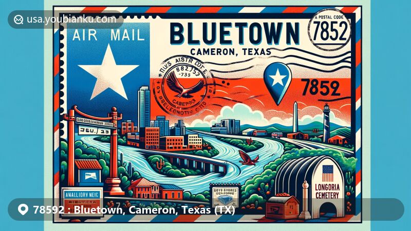 Colorful illustration representing Bluetown, Cameron County, Texas, with postal code 78592, featuring Texas state flag, Rio Grande river, and Longoria Cemetery.