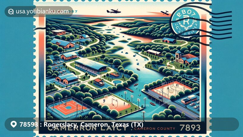 Modern illustration of Rogerslacy, Cameron County, Texas, featuring postal theme with ZIP code 78593, including regional and natural landmarks like basins, bays, beaches, islands, and lakes, along with community amenities from Santa Rosa Park.