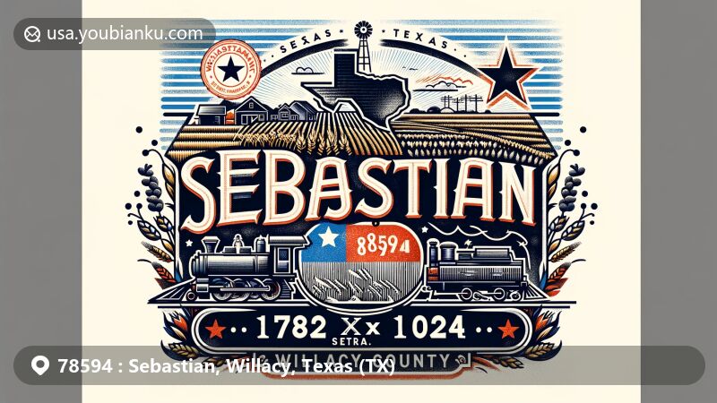 Modern illustration of Sebastian, Willacy County, Texas, featuring ZIP code 78594 with creative postcard design, highlighting the area's culture, including elements of the historic King Ranch and rural symbols.