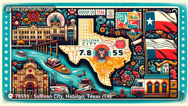 Modern illustration of Sullivan City, Texas, showcasing postal theme with ZIP code 78595, featuring Hidalgo County's geographical outline, Hispanic cultural elements, and the significance of the Rio Grande.