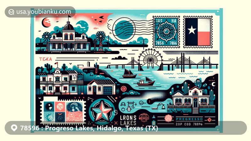Modern illustration of Progreso Lakes, Texas, featuring Lion and Moon Lake outlines, Spanish-style historical residences, Progreso International Bridge, postal elements like stamps and postmarks, and text for ZIP Code 78596, with Texas state symbols.
