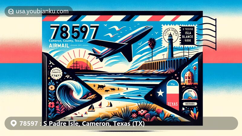 Modern illustration of South Padre Isle, Cameron County, Texas, embodying beach charm and cultural flair, featuring Isla Blanca Park and iconic Whaling Wall, styled as a vibrant airmail envelope with ZIP code 78597, Cameron County silhouette, and Texas emblem.