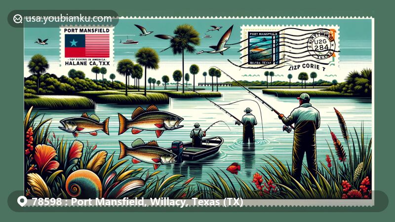 Modern illustration of Port Mansfield, Texas, showcasing fishing theme with Laguna Madre and Gulf of Mexico, featuring anglers, palm trees, and Texas state symbols.