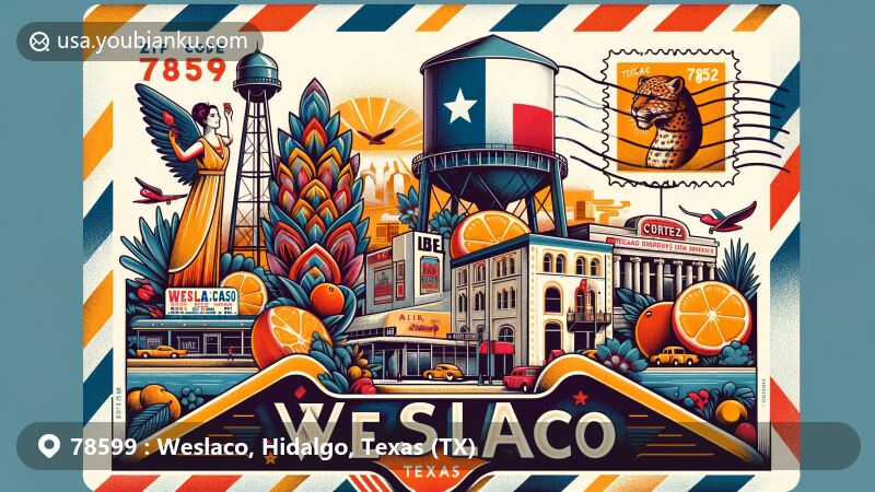 Modern illustration of Weslaco, Texas, showcasing postal theme with ZIP code 78599, featuring local landmarks like the water tower, Texas Citrus Fiesta, Cortez Hotel, Panther Monument, and drive-in theater.