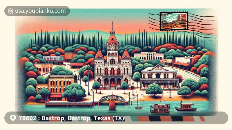Modern illustration of Bastrop, Texas, featuring historic downtown, Bastrop Opera House, Old Iron Bridge, and Bastrop State Park's loblolly pines, with postal elements like a postage stamp of Bastrop County Courthouse.