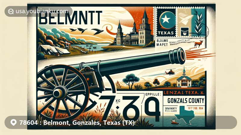 Modern illustration of Belmont, Gonzales County, Texas, representing ZIP code 78604 with 'Come and Take It' cannon motif and postal theme.