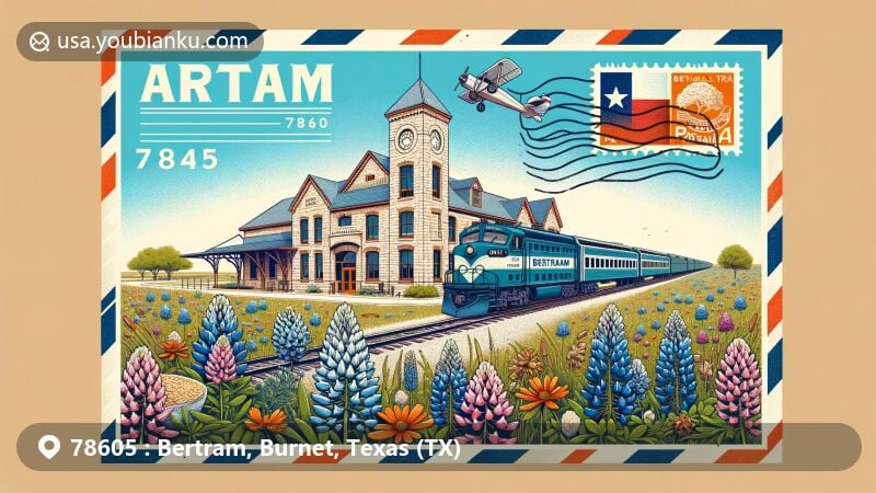 Modern illustration of Bertram, Texas, showcasing the Bertram Train Depot, Texas Bluebonnets, Indian Paintbrushes, and elements of the Oatmeal Festival, all set within a creative postal theme. Includes a postage stamp with the Texas state flag and ZIP code 78605.