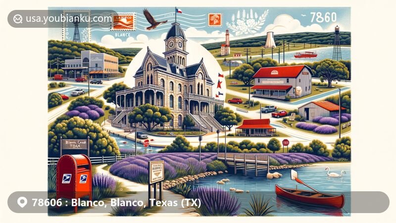 Modern illustration of Blanco, Texas, featuring the Old Blanco County Courthouse, Blanco State Park, a red mailbox, and a stamp with ZIP code 78606, accentuating local lavender fields and the Buggy Barn Museum.
