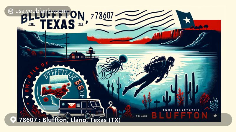 Modern illustration of Bluffton, Llano County, Texas, featuring Lake Buchanan and the history of the underwater ghost town. Texas state flag and postcard design with ZIP Code 78607, stamp effects, and postal elements.