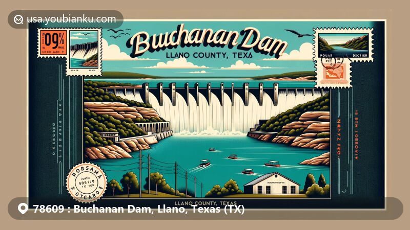 Modern illustration of Buchanan Dam, Llano County, Texas, showcasing postal theme with ZIP code 78609, featuring iconic Buchanan Dam and Lake Buchanan in the background.