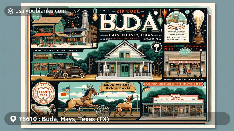 Modern illustration of Buda, Hays County, Texas, featuring Historic Stagecoach Park, Buda Trail of Lights, Buda wiener dog races, Buda Drug Store, Cabela's store, and vibrant postcard design with air mail envelope edge and stylized postage stamp.