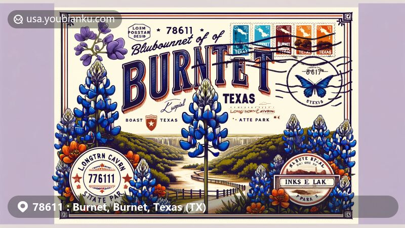Modern illustration of Burnet, Texas, postal code 78611, featuring Bluebonnet Capital of Texas status, Longhorn Cavern State Park, and Inks Lake State Park.