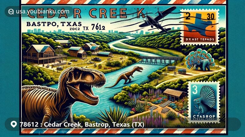 Modern illustration of Cedar Creek, Bastrop, Texas, showcasing natural beauty, Dinosaur Park, Bastrop Botanical Gardens, and Capital of Texas Zoo, with postal theme and ZIP code 78612.