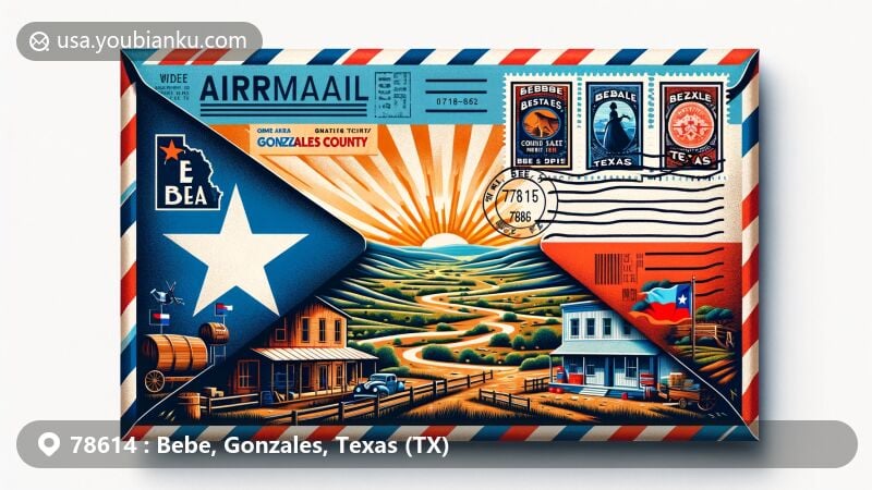 Modern illustration of Bebe, Gonzales, Texas (TX) with airmail envelope open to reveal vibrant rural landscape, including Guadalupe River and 'Come and Take It' flag from Texas Revolution, featuring postal symbols like stamps, postmark, and ZIP Code 78614.
