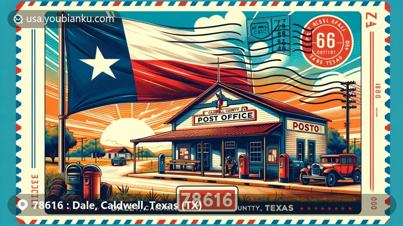 Modern illustration of Dale, Caldwell County, Texas, showcasing postal theme with ZIP code 78616 and Texas state flag, incorporating local history and geography elements.