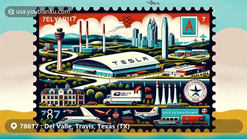 Modern illustration of Del Valle, Texas, showcasing landmarks like Tesla Gigafactory and Circuit of the Americas, with postal theme featuring ZIP code 78617 and vibrant small-town lifestyle.