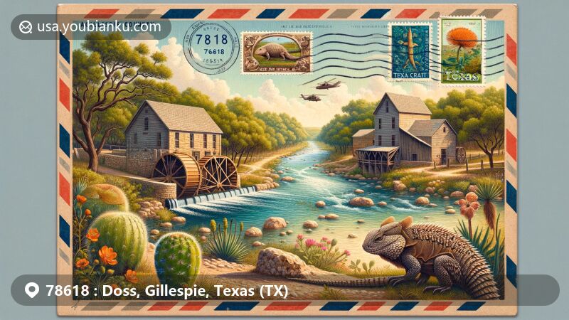 Modern illustration of Doss, Texas, showcasing Lange's Mill and Gillespie County's diverse flora, with vintage stamps of Texas horned lizard and armadillo, celebrating the town's history and German heritage.