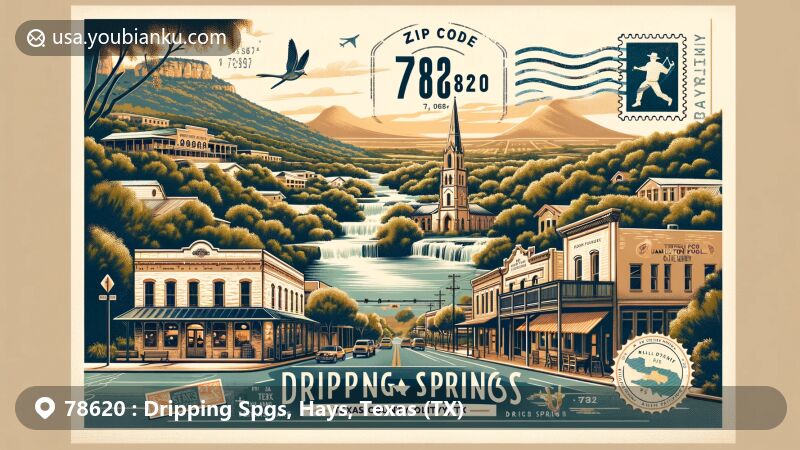 Modern illustration of Dripping Springs, Hays County, Texas, capturing the essence of postal charm with iconic landmarks like Mercer Street and Hamilton Pool Preserve.
