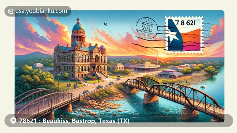 Modern illustration of Beaukiss, Bastrop County, Texas, highlighting the Bastrop County Courthouse and the iconic Colorado River Bridge, with Neoclassical Revival architecture. Featuring Texas cultural symbols like the Lone Star flag and Mardi Gras elements, set against a picturesque sunset.