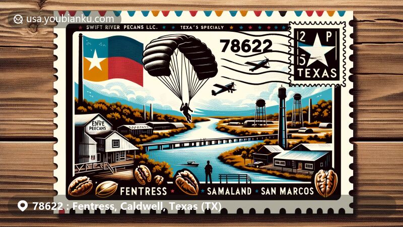 Modern illustration of Fentress, Texas, Caldwell County, with Swift River Pecans LLC and Skydive Spaceland San Marcos, showcasing local specialties and extreme tours, set against the backdrop of San Marcos River and rural Texas landscape.