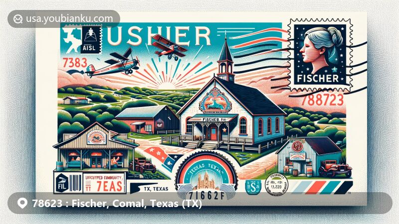 Modern illustration of Fischer, Texas, featuring a creative airmail envelope design with regional and postal elements, showcasing German heritage, Texas Hill Country, and the Fischer Dance Hall.