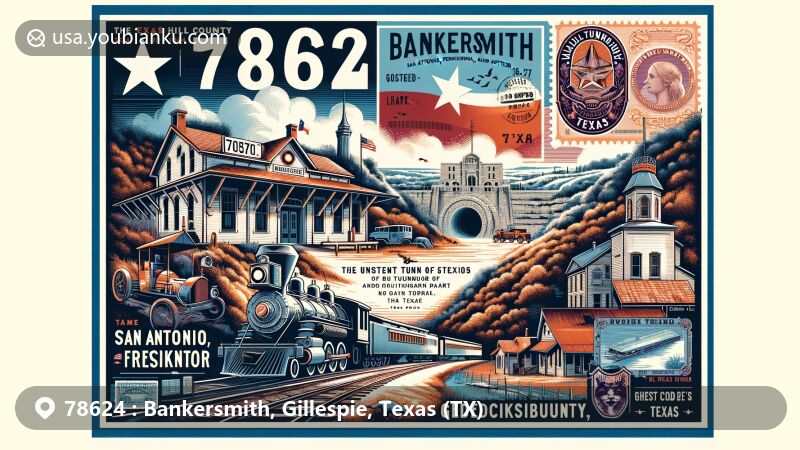 Modern postcard-style illustration of Bankersmith, Gillespie County, Texas, featuring Bankersmith Train Station, Old Tunnel of San Antonio, Fredericksburg, and Northern Railway, bats habitat in Old Tunnel State Park, Texas state flag, vintage postage stamp, postal mark, and ZIP code 78624 against Texas Hill Country landscape backdrop.