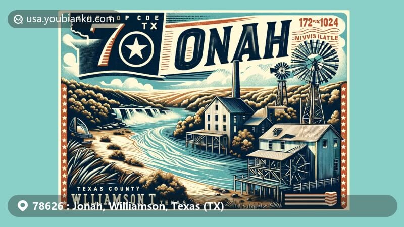 Modern illustration of Jonah, Williamson County, Texas, highlighting area with ZIP code 78626, featuring the San Gabriel River, Texas state outline, historic mill, and modern postcard elements.