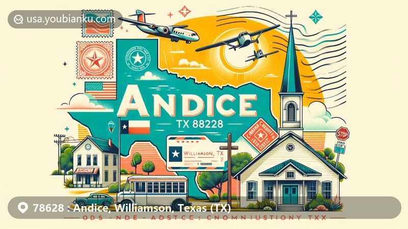 Modern illustration of Andice, Williamson County, Texas, showcasing postal theme with ZIP code 78628, featuring stylized depictions of the Andice area within Williamson County and the state of Texas, vintage postcard aesthetic, postal stamps, mailboxes, and a postmark reading 'Andice, TX 78628',