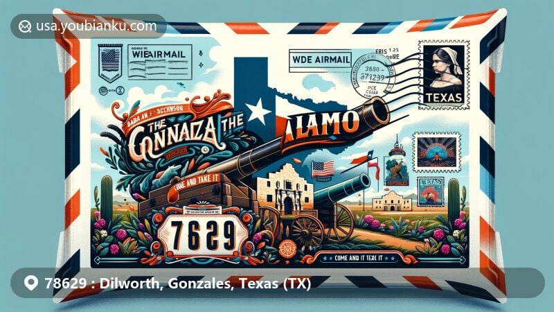 Modern illustration of Dilworth, Gonzales, Texas, depicting cultural and historical elements including the 'Come and Take It' slogan, the Gonzales cannon story, the 'Babe of the Alamo' mural, and Texas cultural symbols, all centered around ZIP code 78629.