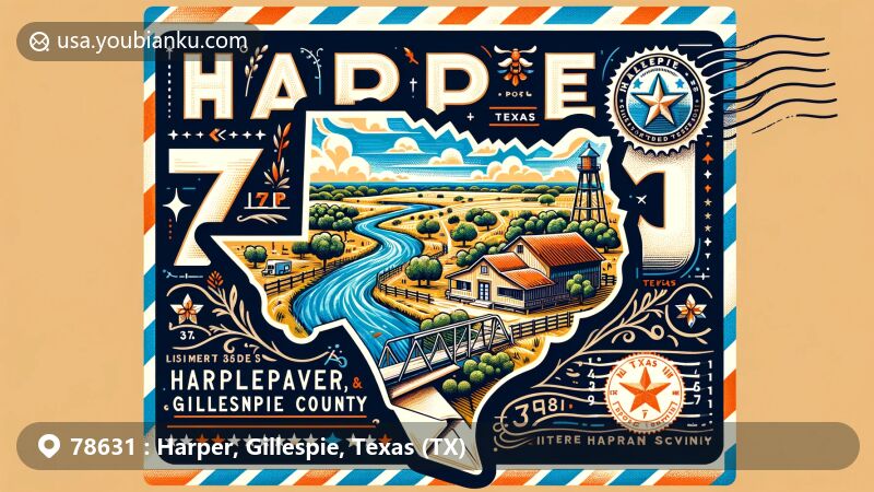 Modern illustration of Harper, Gillespie County, Texas, capturing the essence of the area with Pedernales River, German heritage, and ZIP code 78631, featuring ranching, natural beauty, and Texas symbols.