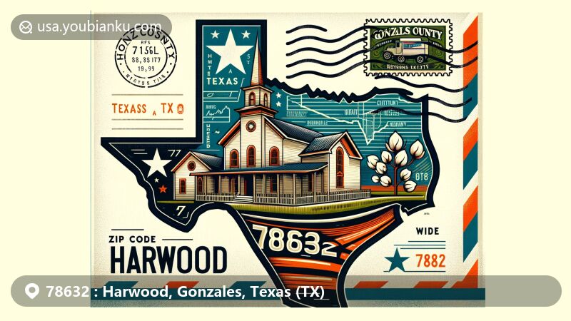 Modern illustration of Harwood, Gonzales County, Texas, featuring vintage airmail envelope with Texas map, Harwood Methodist Church, Masonic Lodge, 1875 symbol, 'Harwood, TX 78632' text, Gonzales County Courthouse stamp, postmark, and cotton plants in background.