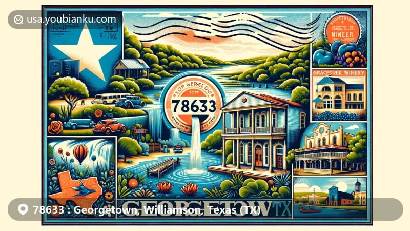 Modern illustration of Georgetown, Williamson County, Texas, showcasing postal theme with ZIP code 78633, featuring Berry Springs Park, Blue Hole, Georgetown Art Center, Georgetown Palace Theatre, Georgetown Winery, Grace Heritage Center, Grape Creek Winery, and historic downtown.