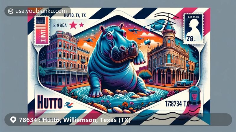 Modern illustration of Hutto, Texas, the 'Hippo Capital of Texas', showcasing Henrietta the Hippo and historic Old Town with Late Victorian Italianate-style buildings, integrated with postal elements and ZIP code 78634.
