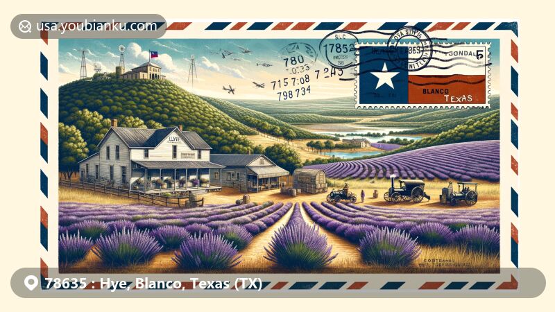 Modern illustration of Hye, Blanco County, Texas, highlighting the picturesque Texas Hill Country landscape with lavender fields, Hye General Store and Post Office, Texas flag, vineyards, and distilleries like William Chris Vineyards and Garrison Brothers Distillery.