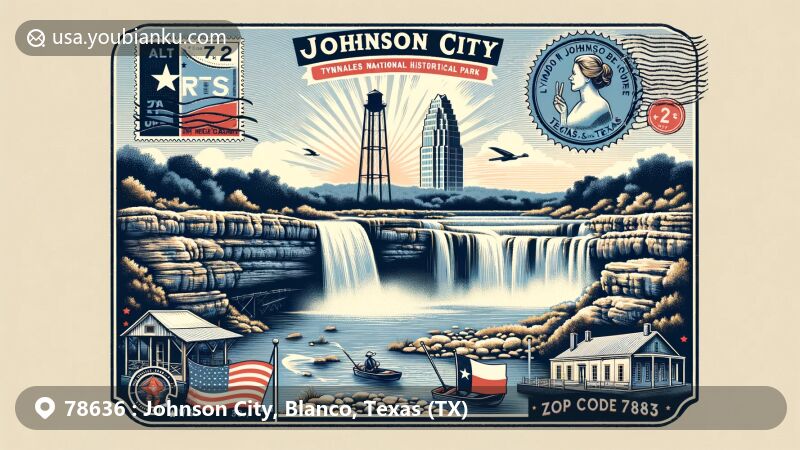 Modern illustration of Johnson City, Texas, highlighting regional and postal themes with ZIP code 78636, featuring Pedernales Falls State Park, Lyndon B. Johnson National Historical Park, and Lights Spectacular festival.