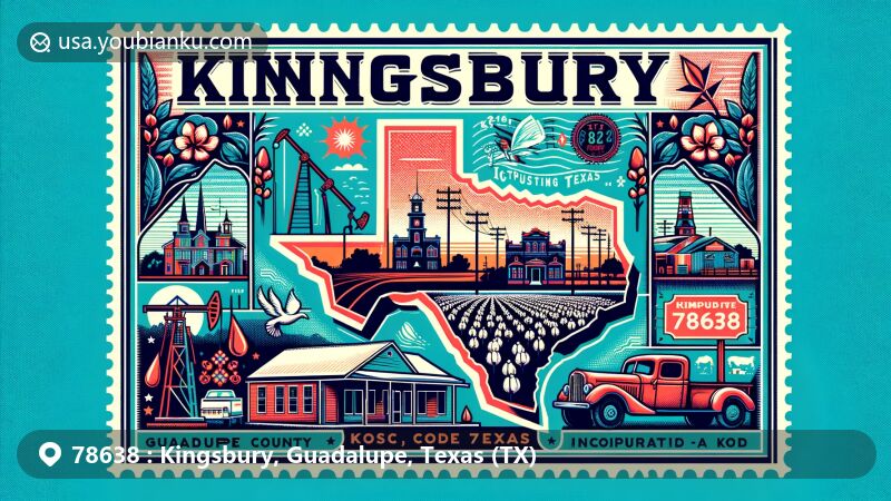 Modern illustration of Kingsbury, Guadalupe, Texas (TX) showcasing a vibrant postcard design with postal elements like a stamp and postmark, featuring historical building, cotton fields, and oil derrick.