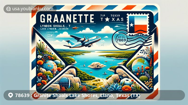 Modern illustration of Granite Shoals Lake Shores, Llano County, Texas, with ZIP code 78639, featuring elements of Lake Lyndon B. Johnson and the Texas Hill Country in an airmail envelope design.