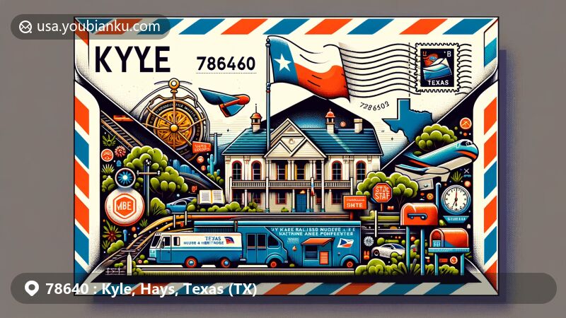 Modern illustration of Kyle, Hays County, Texas, with postal theme showcasing ZIP code 78640, featuring Kyle Railroad Museum & Heritage Center, Katherine Anne Porter House, Texas state symbols.