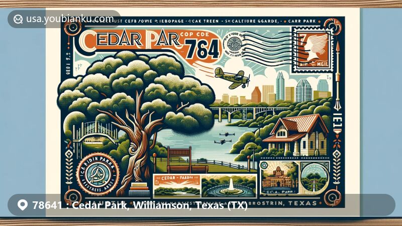 Modern illustration of Cedar Park, Texas, depicting iconic Heritage Oak Tree, Cedar Park Sculpture Garden, and Lake Travis, featuring postal themes with ZIP code 78641 and airmail border.
